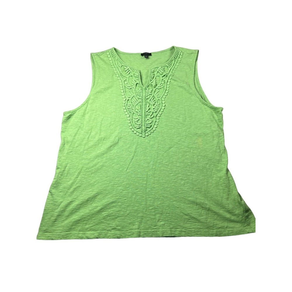 Talbots Womens Cotton Tank Top Green Sleeveless Embroidered V-Neck Shirt XL *